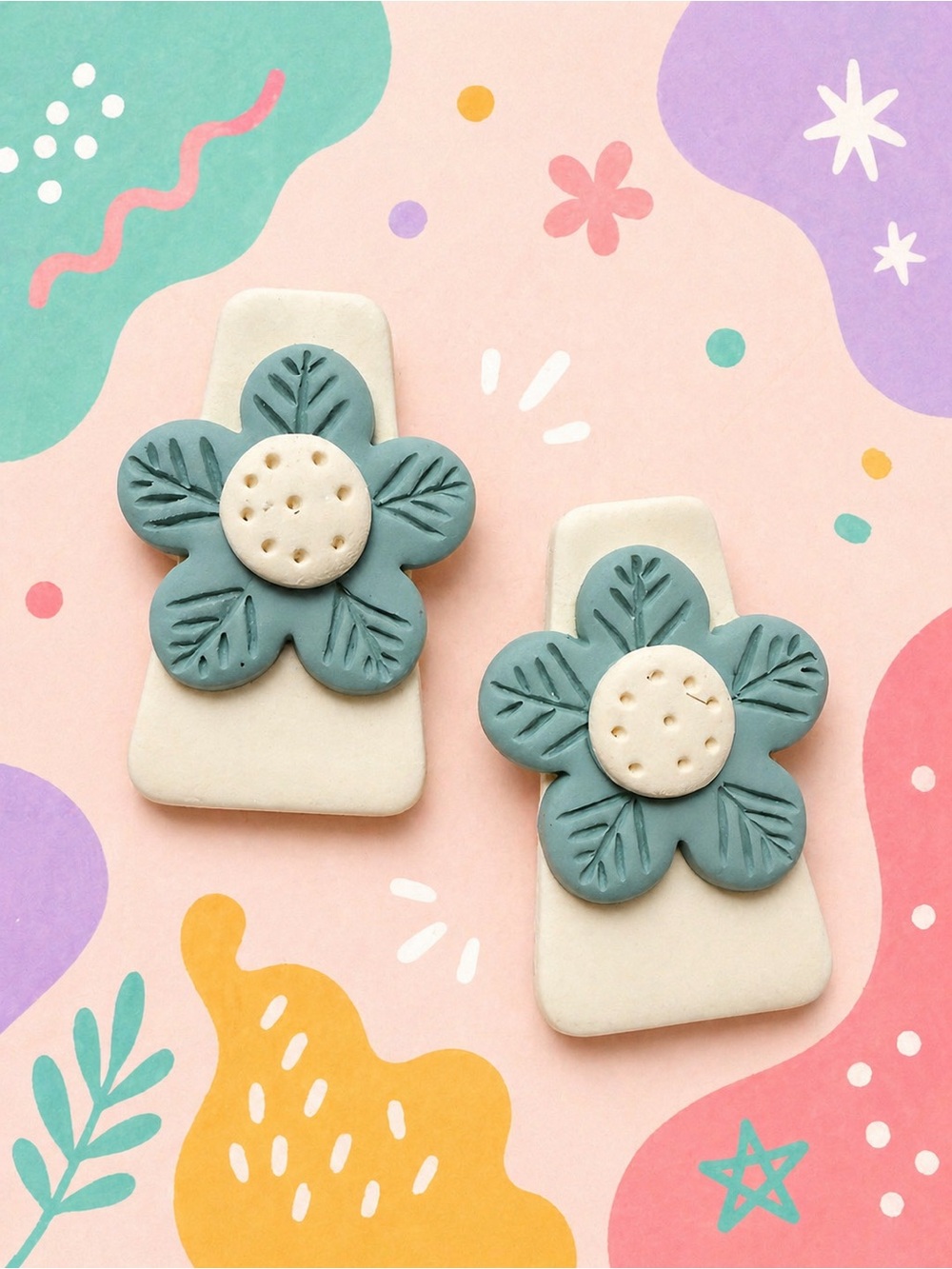 Floral Handmade Polymer Clay Earrings in Teal and Cream